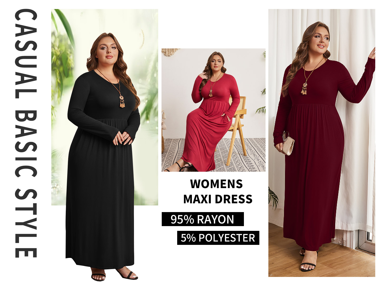 Mengpipi Women's Plus Size Long Sleeve Maxi Dress, Red photo 6