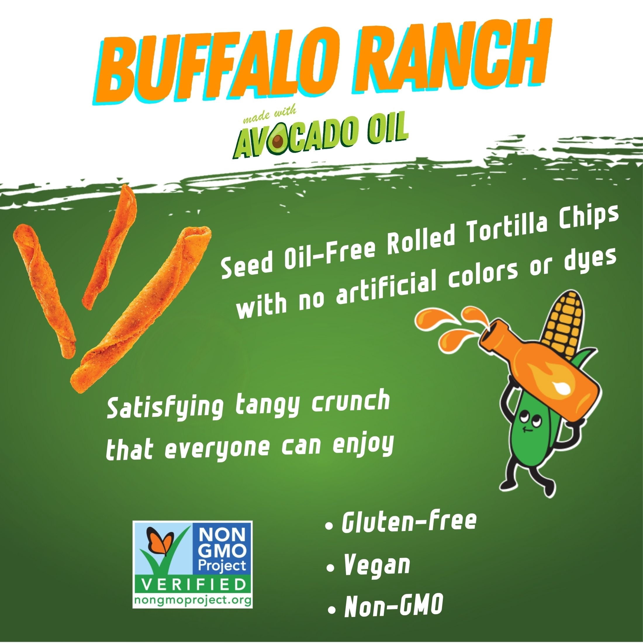 (6 pack) Zack's Mighty Avocado Oil Rolled Tortilla Chips - Buffalo Ranch, 6 oz. Film Bag, No Artificial Colors or Dye