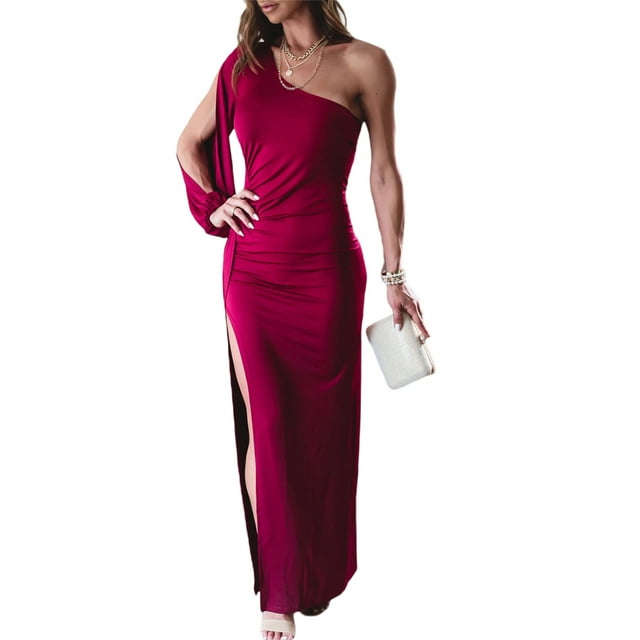 Mialoley Femmes Robe Longue Bodycon Couleur Unie une Devraite Printemps Soirée Partie Haute Fente Robe