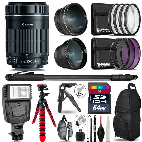 Canon 55-250mm IS STM -3 Lens Kit Slave Flash Tripod - 64GB Accessory Bundle (International Version)