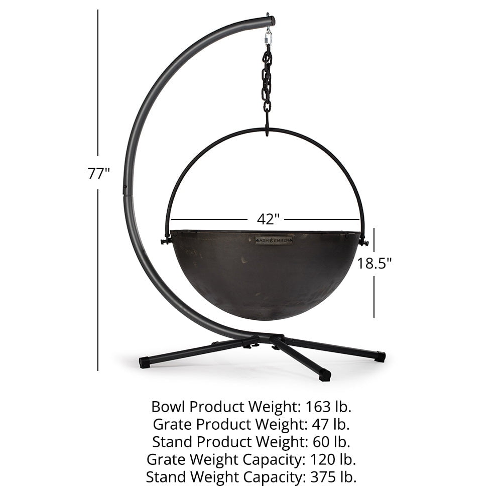 Ash & Ember 42" Cast Iron Cauldron Fire Pit Bowl with Double Hinged Grill Grate-Easy-Lift Handles & Handing Chain, Round Wood Burning Patio Fire Bowl for Backyard Patios