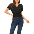 thumbnail image 5 of INSPIRE CHIC Women's Swiss Dots V Neck Puff Sleeve Smocked Waist Tops L Black, 5 of 6