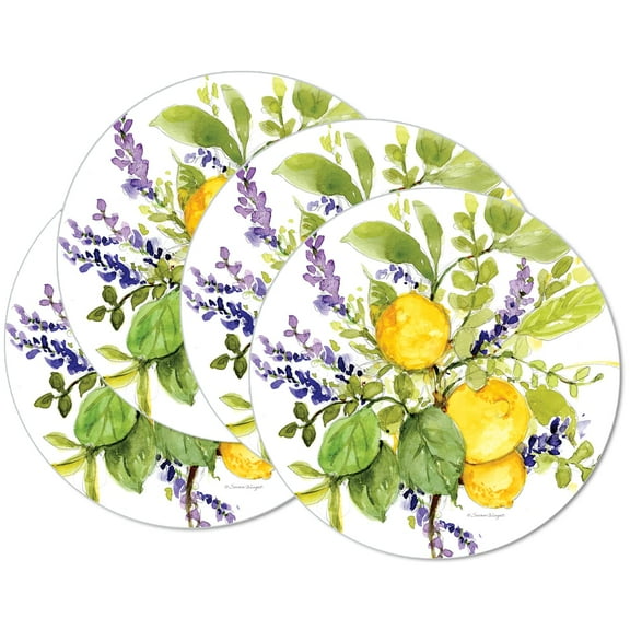 CounterArt "Watercolor Lemons" Reversible Round Easy Care Flexible Plastic Table Place Mat, 4 Pack