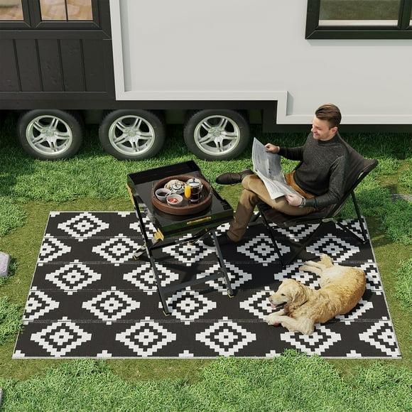 Reversible Outdoor RV Rug, 6' x 9' Patio Floor Mat, Black and White