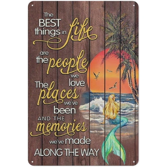 Retro Mermaid Beach Metal Tin Sign Wall Decor, The People We Love Quote, Vintage Style Poster for Home, Shop or Cafe, 8 x 12 Inch