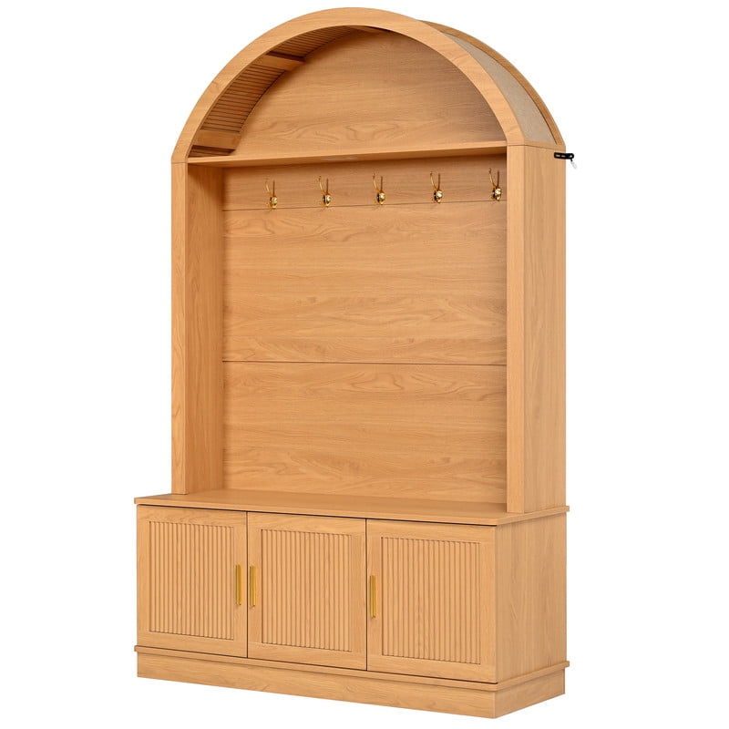 Farmhouse Style Hall Tree with Arched Top, Storage Cabinet with Hooks, Entryway Shoe Bench Organizer with Adjustable Shelves