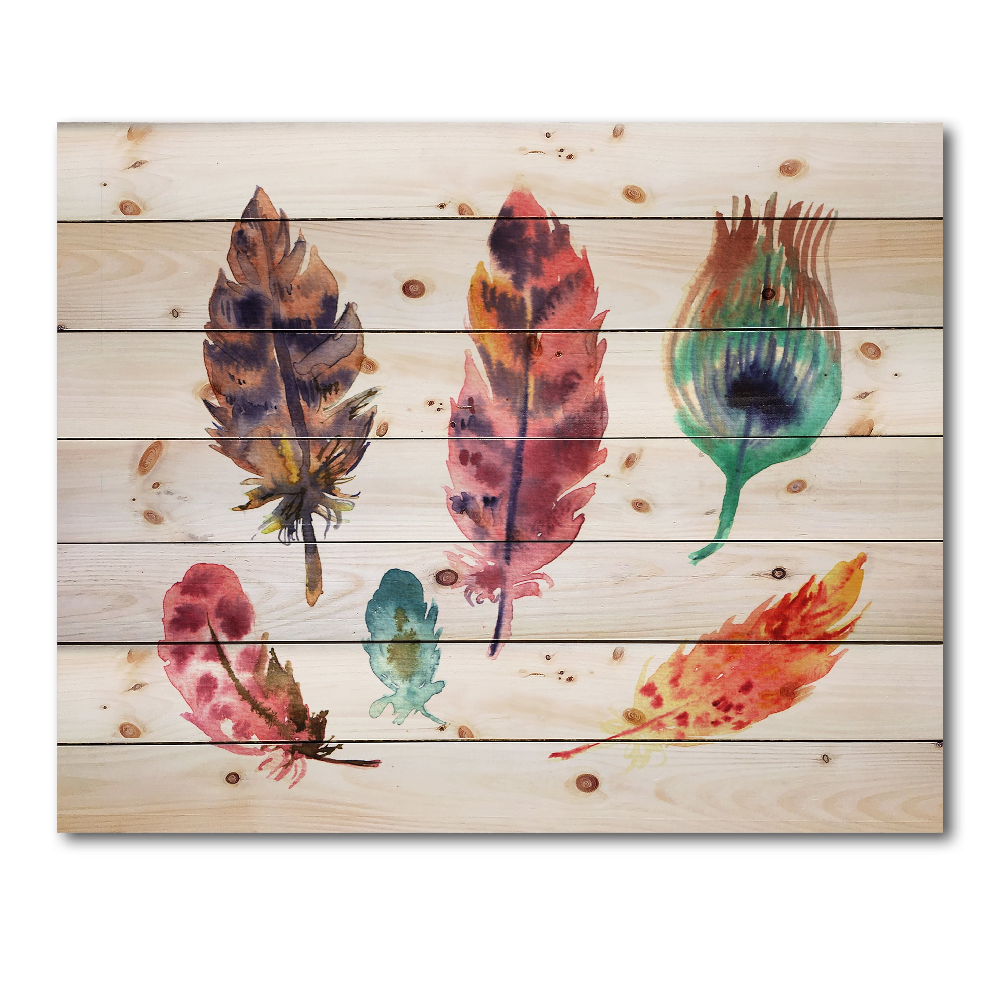 Designart 'Colourful Boho Art Feather Set II' Bohemian & Eclectic Print on Natural Pine Wood