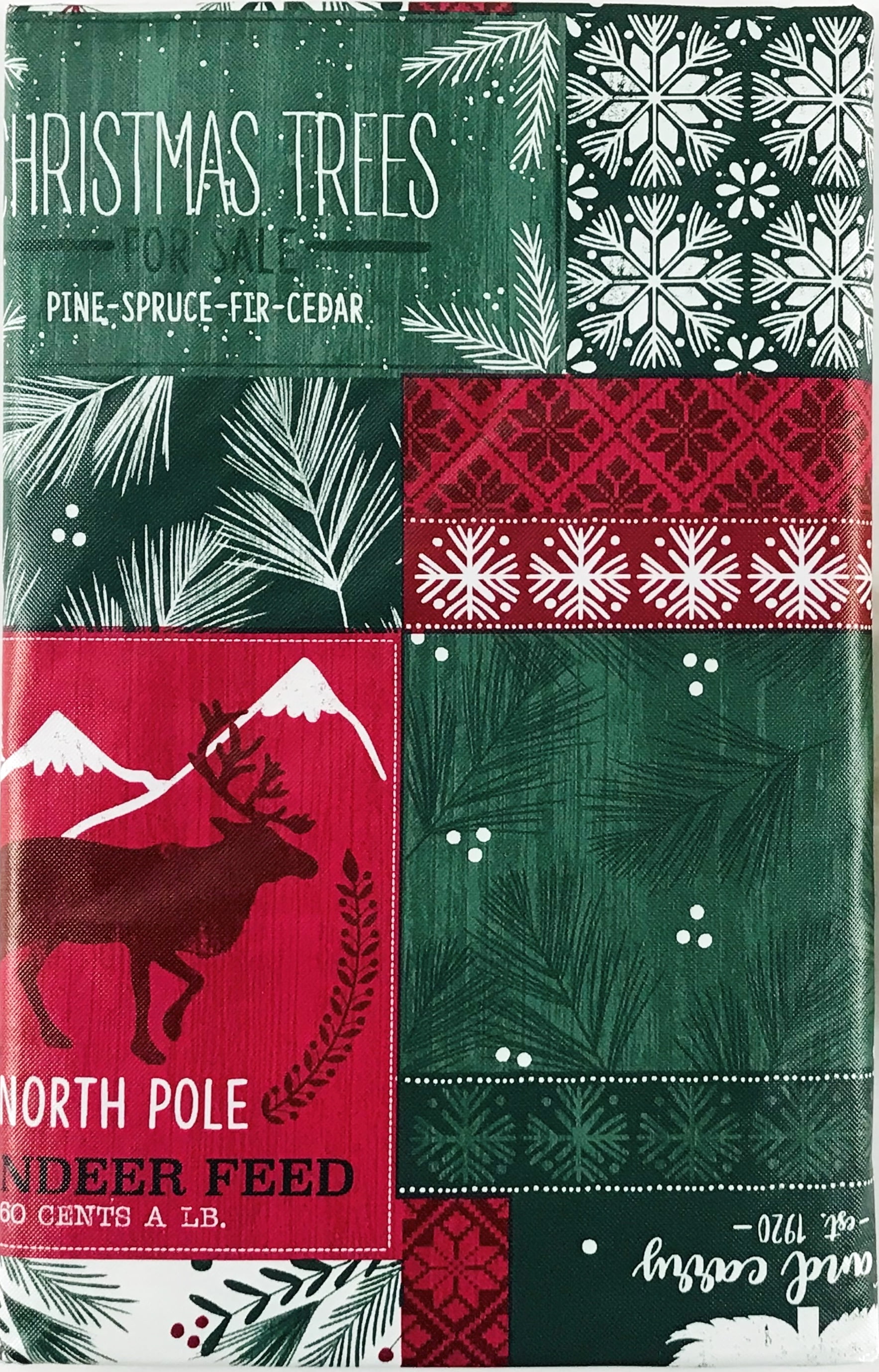 Nordic Christmas Winter Lodge Vinyl Tablecloth with Soft Backing, Pine Green Red White 52" x 70