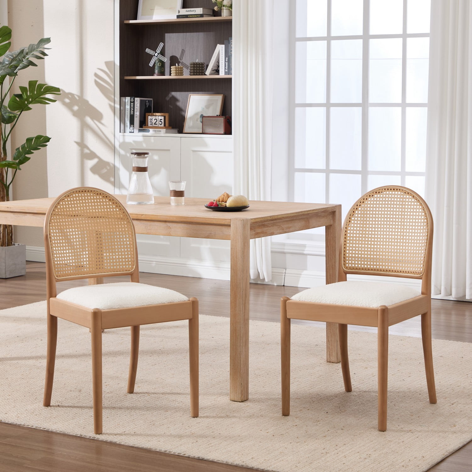 Rattan Dining Chairs Set of 2 Upholstered Linen Dining Room Chairs with Wood Legs & Backrests, Modern Kitchen Side Chairs for Dining Room, Beige