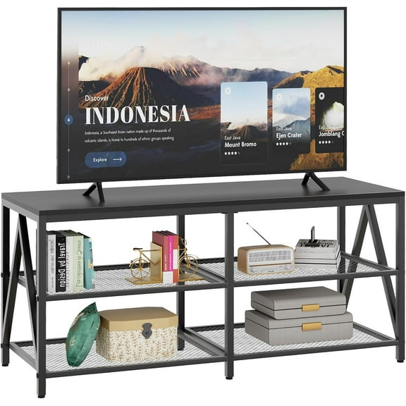 TV Stand for TV up to 55 Inch, Long 43" TV Cabinet with 3-Tier Storage Shelves,Entertainment Center TV Console Table for Living Room with Industrial TV Metal Frame, Black Oak