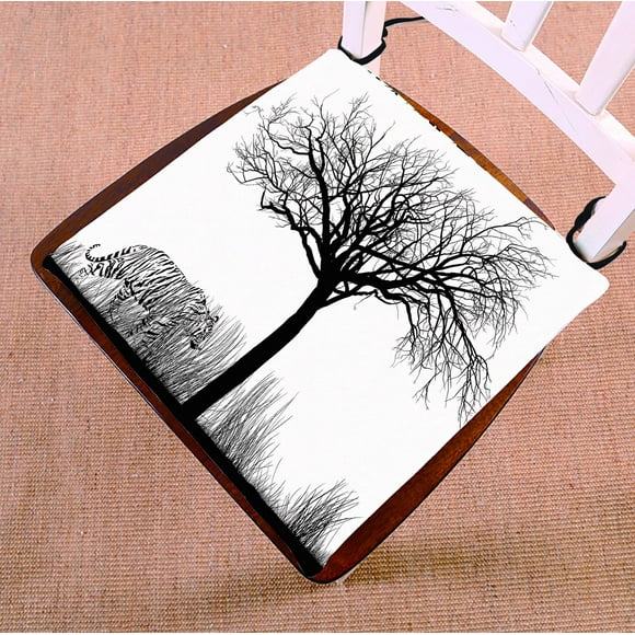BSDHOME Black and White Tree Chair Pad, Tiger in Tall Dry Grass Seat Cushion Chair Cushion Floor Cushion Two Sides Size 18x18 inches