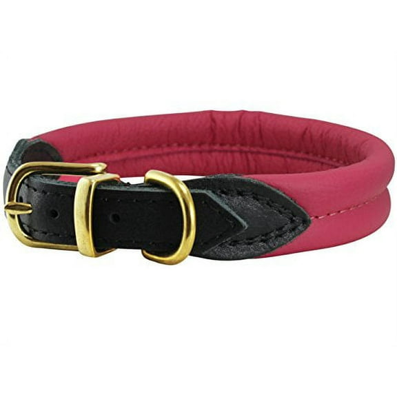 Pink Soft Genuine Rolled Leather Dog Collar Brass Hardware (15.5"-17.5" Neck Circumf.)