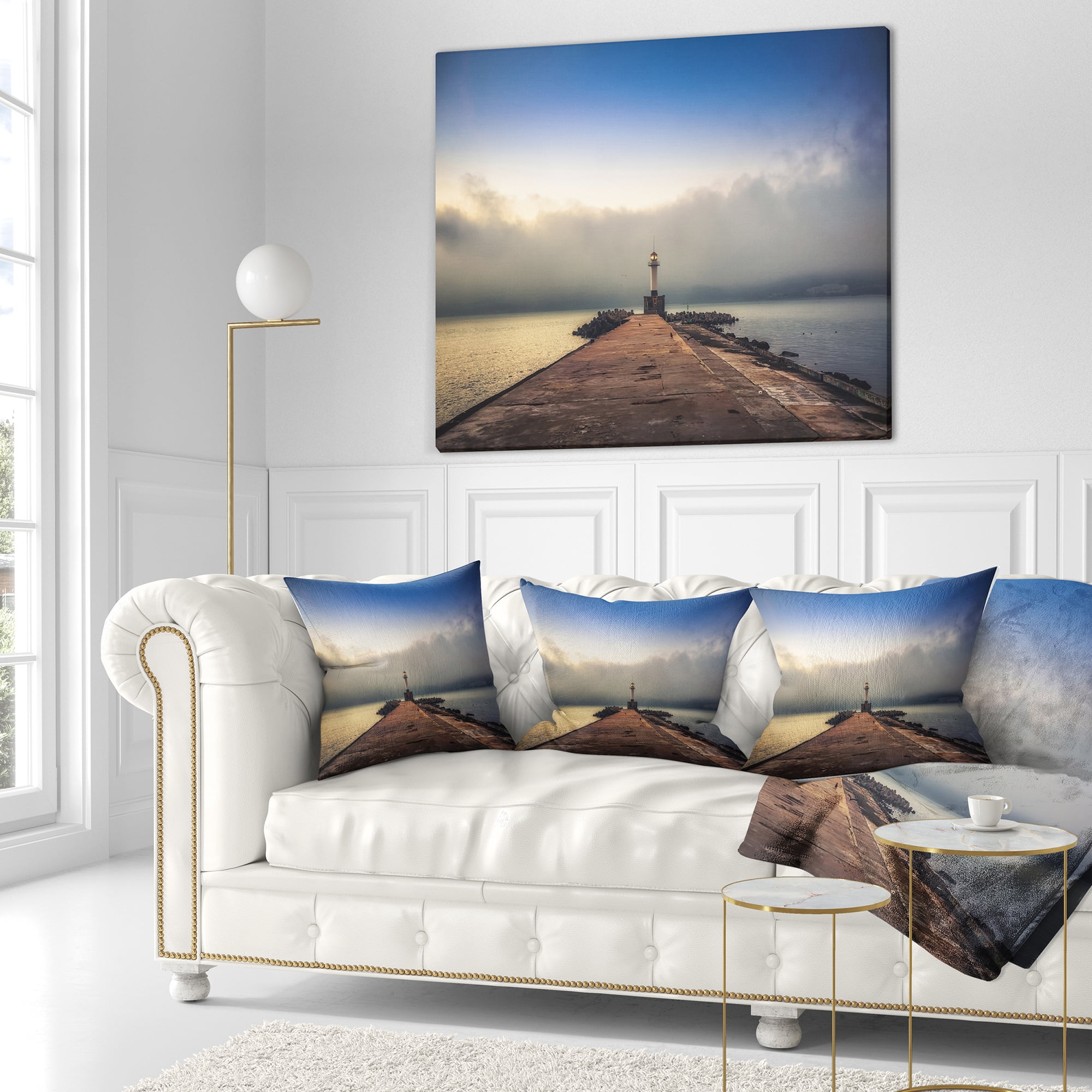 Designart Lighthouse on Coast and Cloudy Sky - Modern Throw Pillow - 16x16