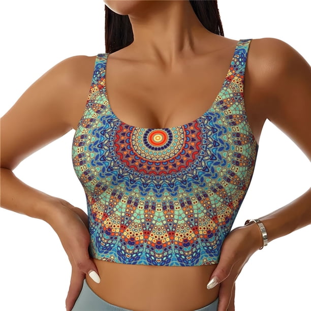 Balery Round Mandala Sujetadores deportivos con espalda cruzada para mujer, acolchados, sin costuras, de alto impacto, ideales para yoga, gimnasio, entrenamiento y fitness.-Medium