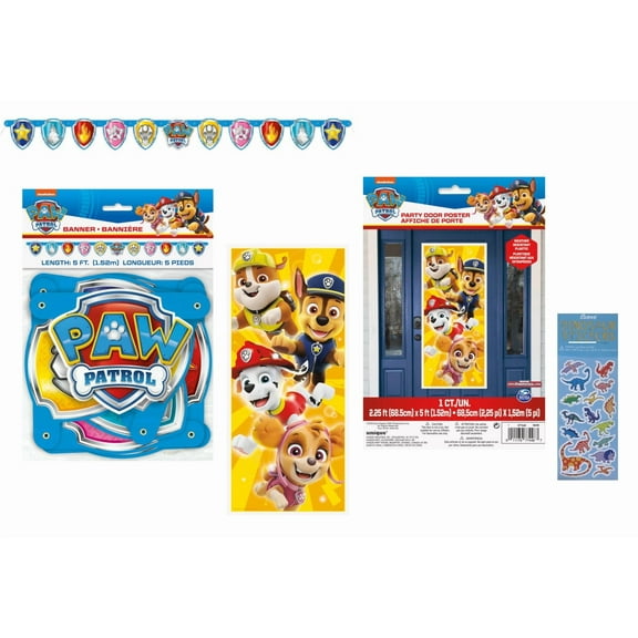 Disney Paw Patrol Birthday Party Supplies Decorations Bundle includes 1 Happy Birthday Banner, 1 Plastic Door Poster, 1 Dinosaur Sticker Sheet