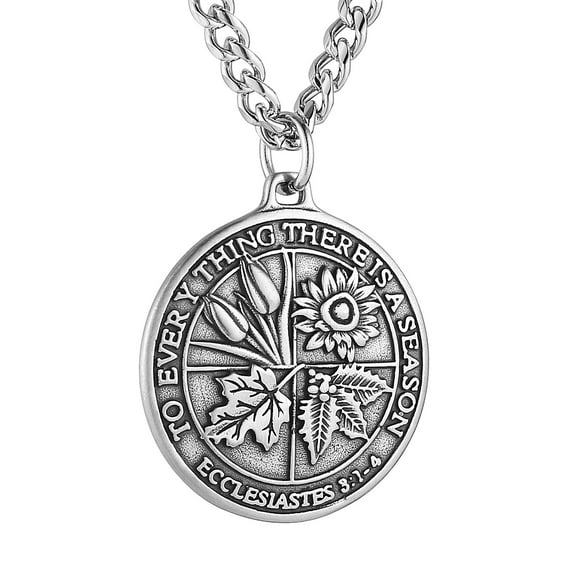 HZMAN Coin Necklace Men's Stainless Steel Necklace Pendant Retro Ecclesiastes Bible Verse Round Medal Necklace Jewelry Gift (Silver)