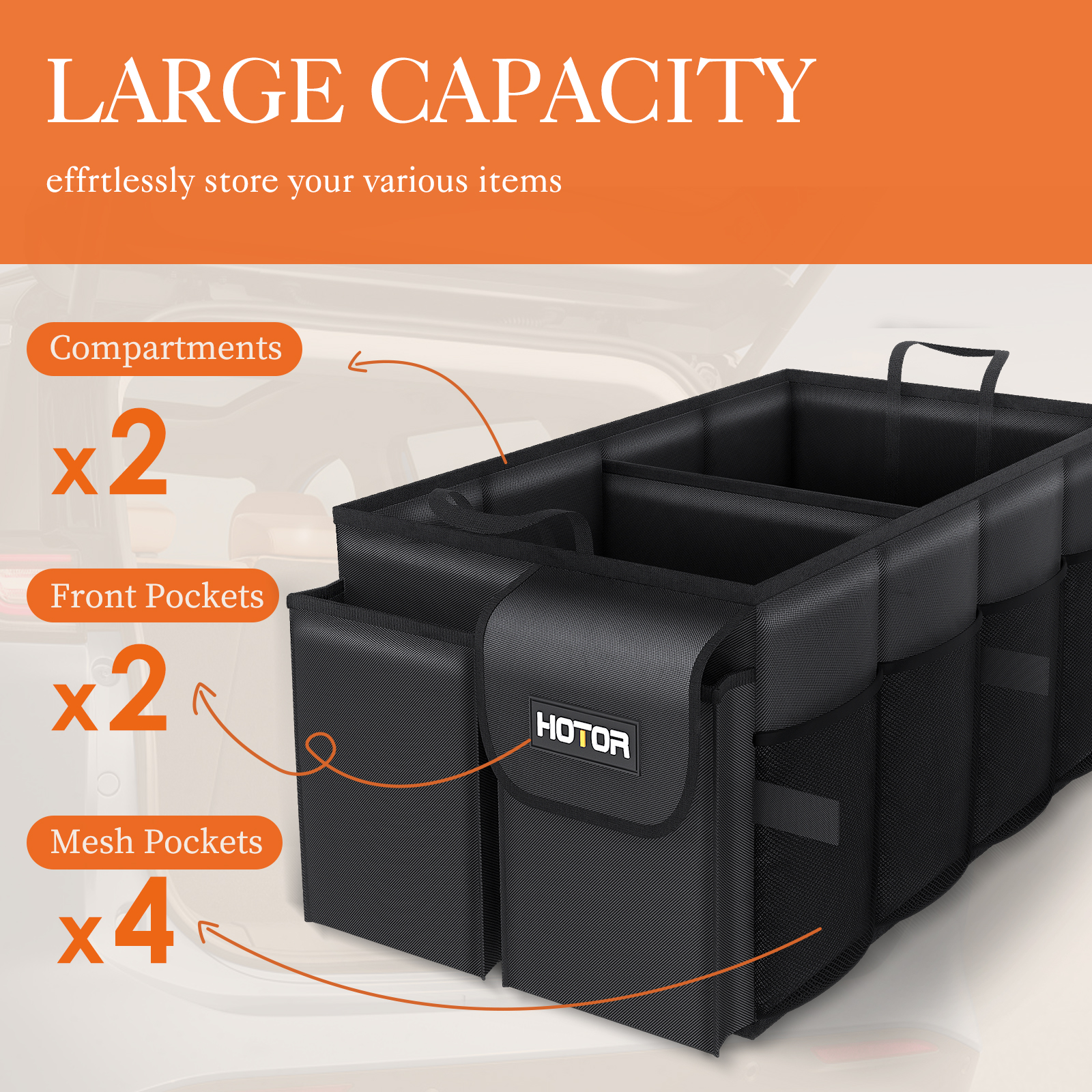 HOTOR Trunk Organizer, 46L with 2 Compartments photo 2