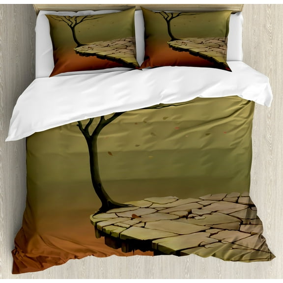 Fantasy Duvet Cover Set Queen Size, Tree over a Cliff and Flying Leaves Arid Country Precipice Drought, Decorative 3 Piece Bedding Set with 2 Pillow Shams, Sand Brown Khaki Cinnamon, by Ambesonne