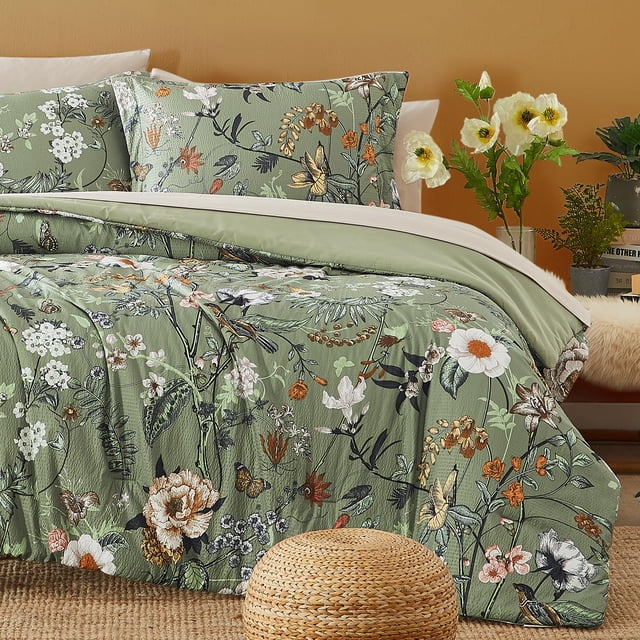 Juego de edredón CASAAGUSTO, tamaño king, estampado floral verde, 7 unidades