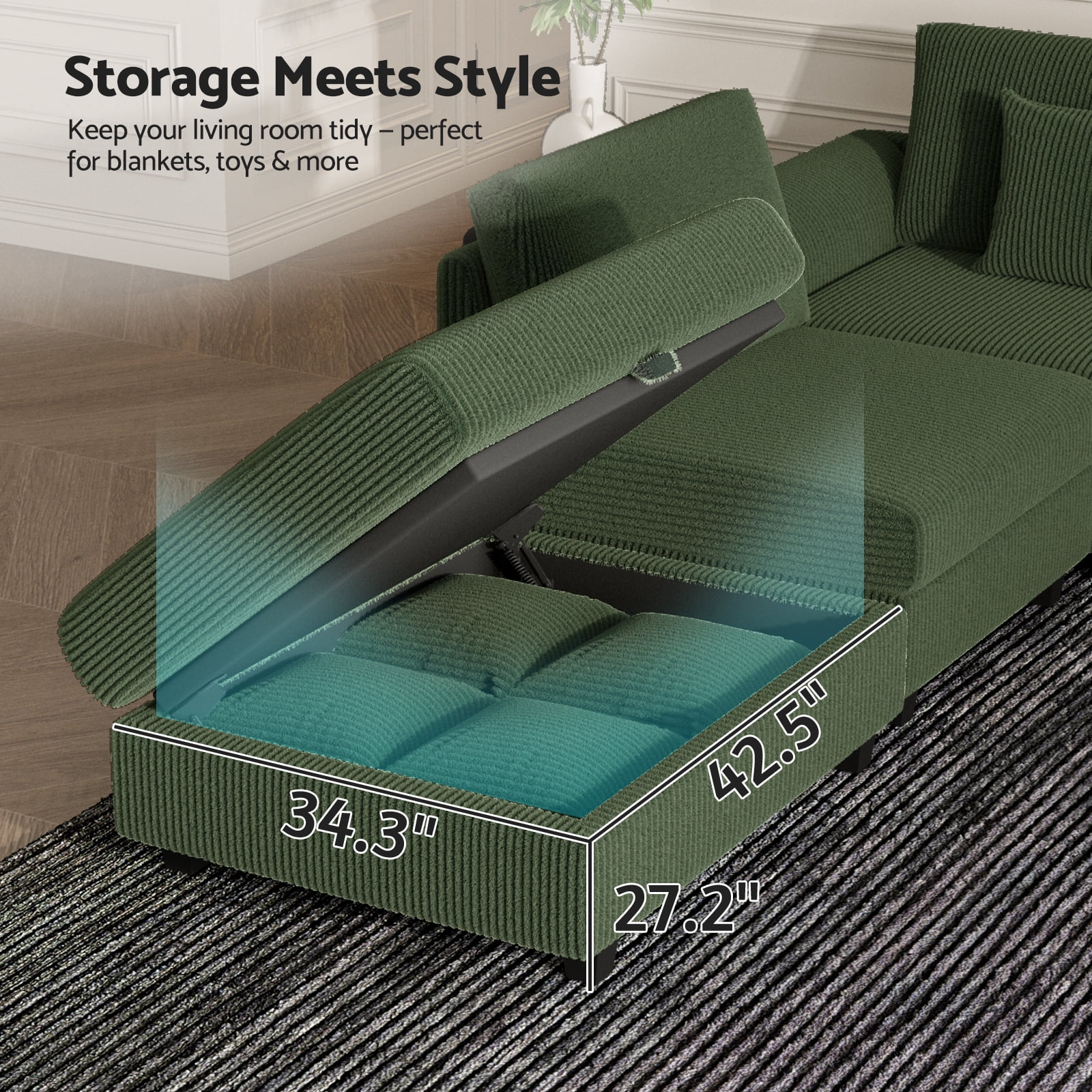 Advwin Oversized Modular Sectional Sofa with Storage Ottoman & 5 Pillows, Modern L-Shaped 6-Seater Corduroy Cloud Couch, Convertible Sleeper Sofa for Living Room, Dark Green