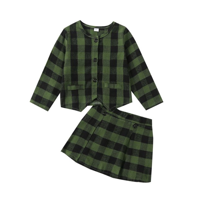 ZAXARRA Kid Girl Fall 2Pcs Outfit Plaid Print Long Sleeve Round Neck Button Front Tops Skirt Elegant Clothes