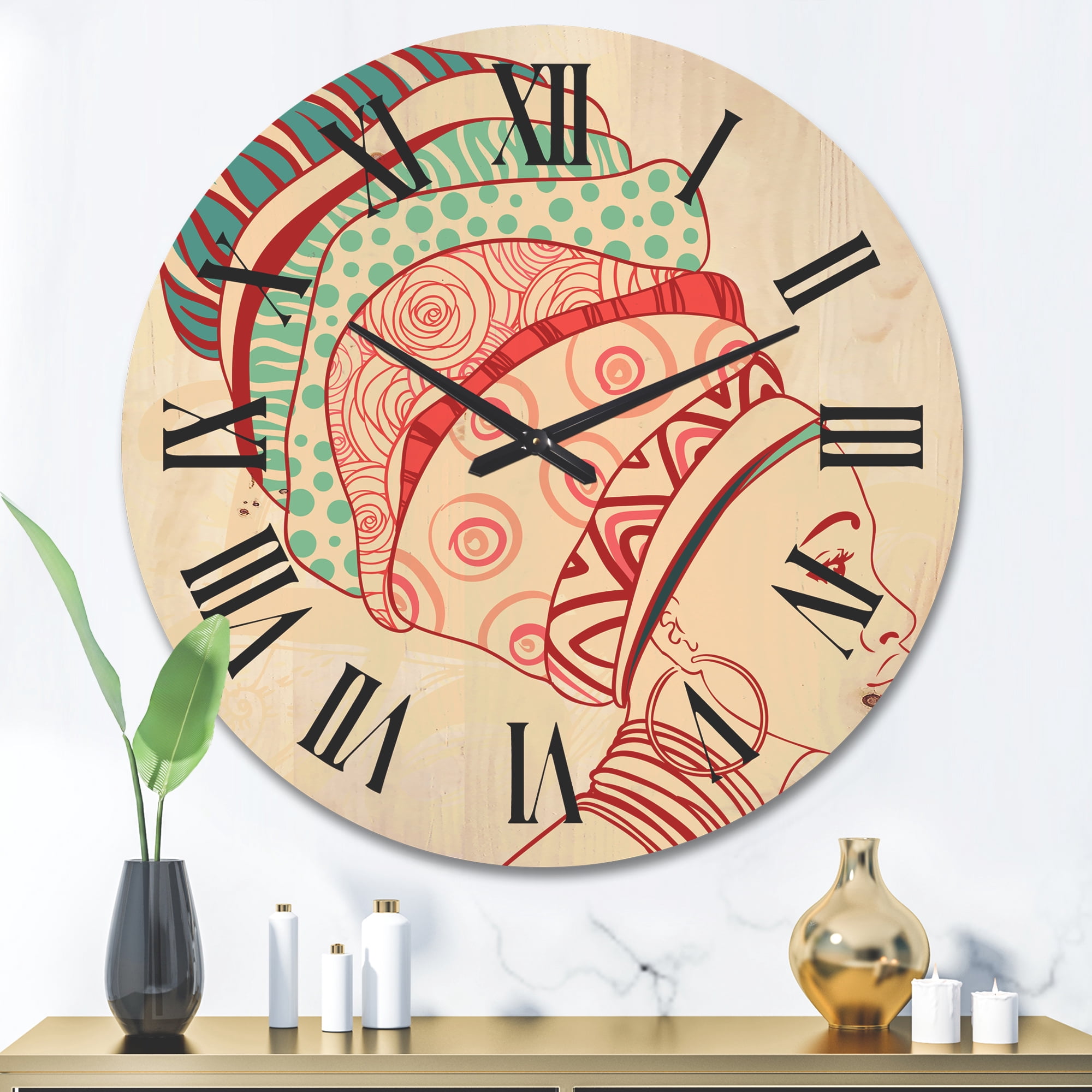 Designart 'African American Woman Portrait with Turban II' Modern Wood Wall Clock