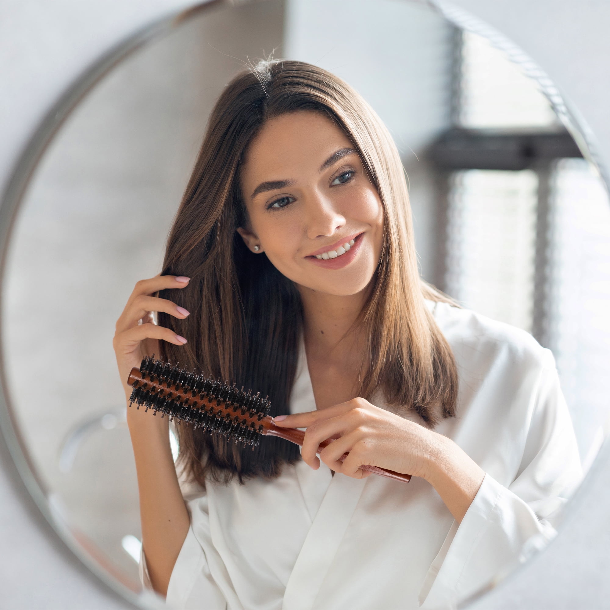 Unique Bargains Soft Nylon Bristle Round Curling Hair Ruled Comb with Handle Brown 8.66" M