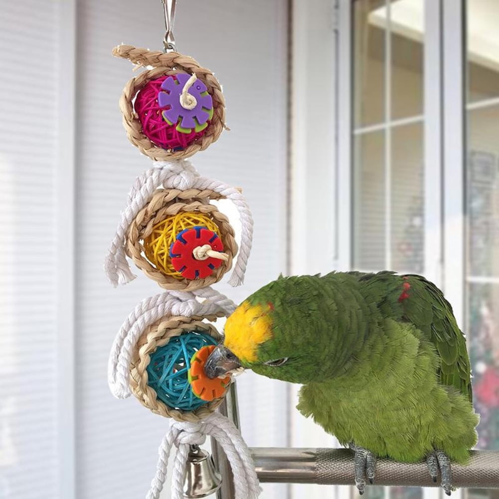 SPRING PARK Bird Chewing Toys, Parrot Hanging Colorful Rattan Ball Toy, Cage Bite Toys Suitable for Small Pet Birds Like Parakeet, Conure, Lovebirds, Cockatiels