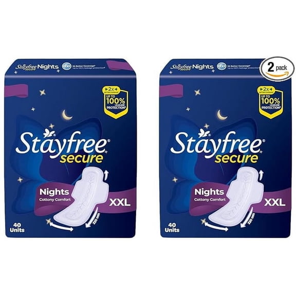 Stayfree Secure Nights | Cottony Soft Sanitary Pads for Women | Upto 100% leakage protection | Odour Control | Absorbs 2x Faster with Wider Back | 40 Pads (Pack of 2)