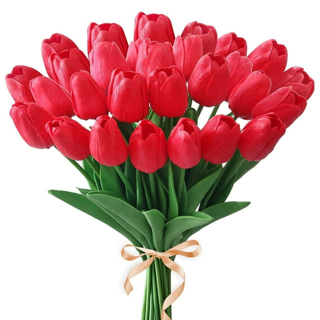 Nvzi 8 tulipanes artificiales con tacto real, ramo de tulipanes de PU ideal para el hogar, la oficina, fiestas y decoración de bodas (rojo).