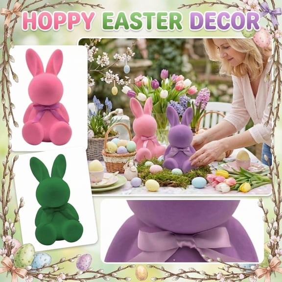 3Pcs Flocked Easter Bunny Figurine with Bow Tie Cute Rabbit Table Centerpiece Decor for Easter Spring Signs Centerpieces Farmhouse Home Decor Green Pink Purple