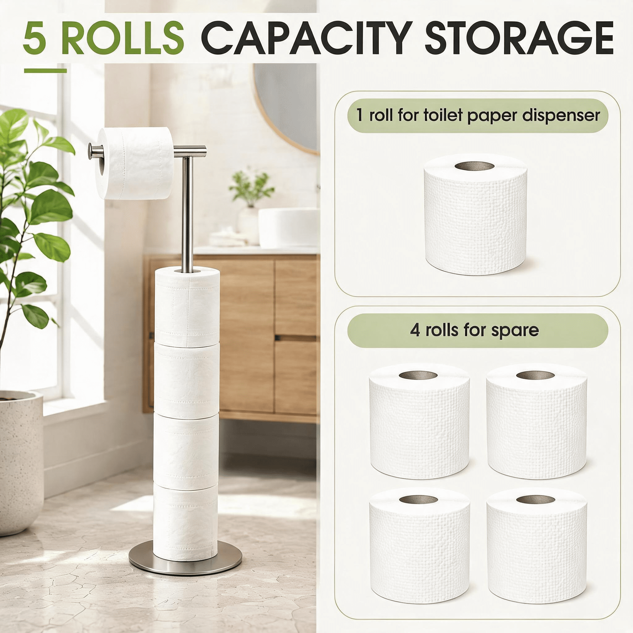 GARITIN Freestanding Toilet Paper Holder Stand, Stainless Steel Toilet Paper Roll Holder with 4‑Roll Reserve Storage, Bathroom Floor Toilet Paper Organizer