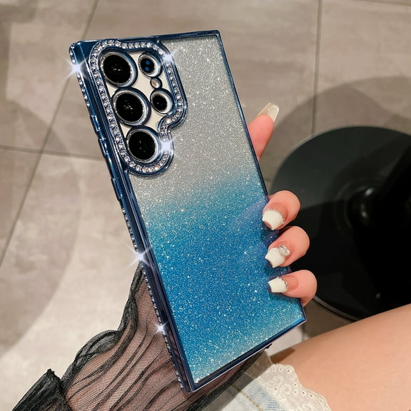 Decase Phone Shell for Samsung Galaxy S24 Ultra with Bling Diamond Camera Frame,Galaxy S24 Ultra Soft TPU Shockproof Rugged Bumper Protective Case Cover for Samsung S24 Ultra,Blue
