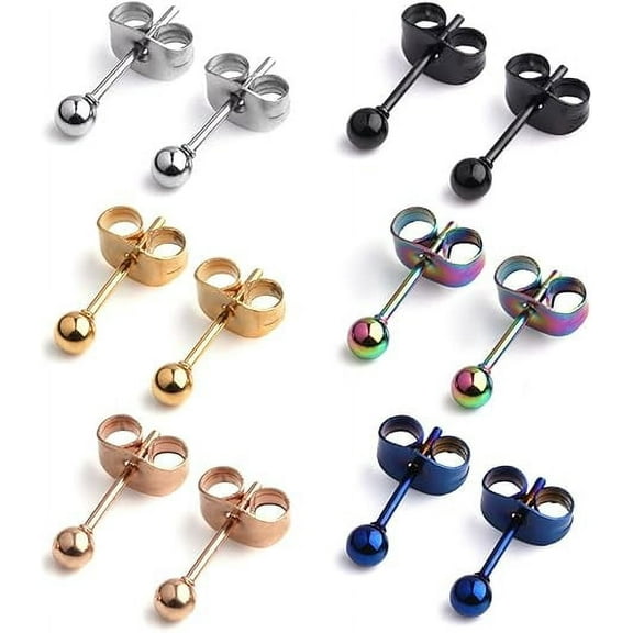 Knubmt 6 Pairs 2MM Round Ball Stud Earrings Lightweight 316L Stainless Steel Earring Set for Women Men