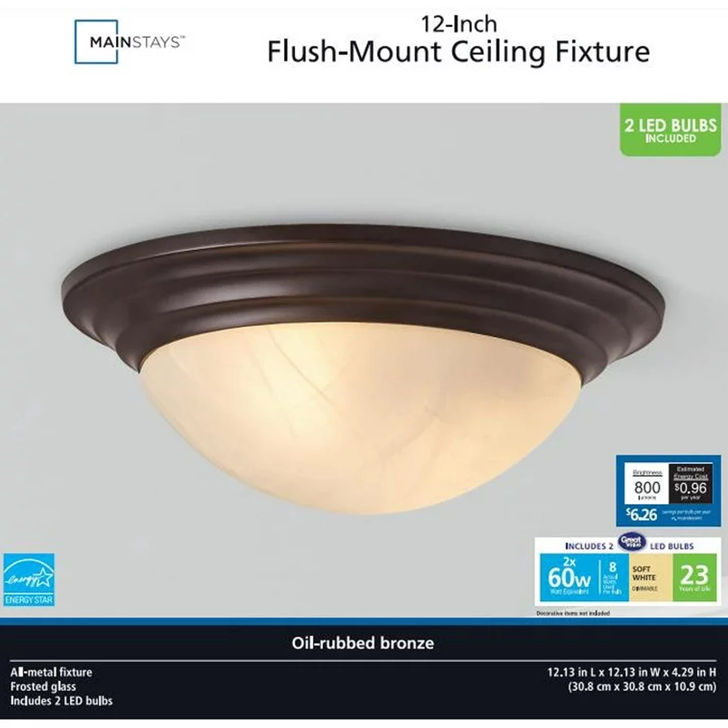 Mainstays 12 in Flush Mount Ceiling Light Fixture, Bronze, 60W Equivalent LED Bulbs Included