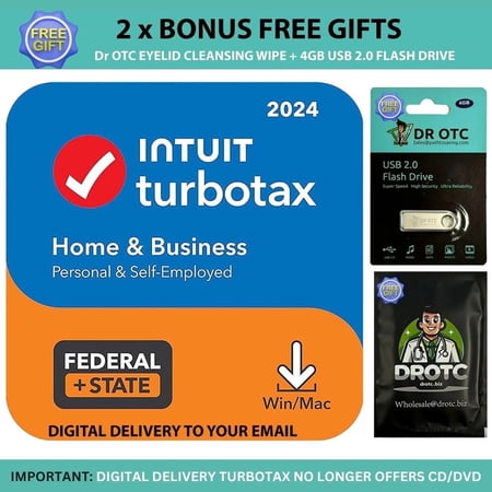 [New Version] TurboTax Home & Business 2024 Tax Software, Federal & State Tax Return [PC/MAC Download] - Brand New - BONUS FREE Dr OTC Eyelid Cleansing Wipe + FREE Dr OTC USB Drive 4GB
