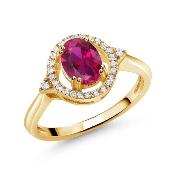 Gem Stone King 1.19 Ct Oval Red Created Ruby 18K Yellow Gold Plated Silver Ring (Size 7)