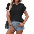 thumbnail image 3 of Women'S Ribbed Sweater Crew Neck Short Sleeve Loose Fit Knit Pullover Tops Black L, 3 of 9