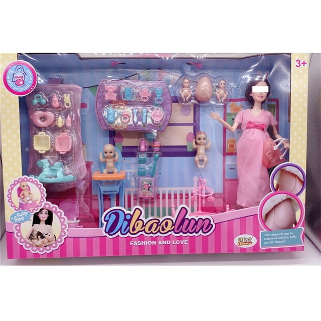 accesorios hechos a mano para muñecas de bebé, mamá embarazada, dama, padre, papá, ken, juego de barbie, regalo de cumpleaños y navidad, el más nuevo sin caja: vista frontal de set 1/6 (30 cm) en blister con muñeca embarazada vestida de rosa a la derecha, tres bebés pequeños y accesorios de plástico ABS visibles como cuna, silla alta, biberones y platos; adecuado para juego de rol y regalo para niñas de 3–12 años.