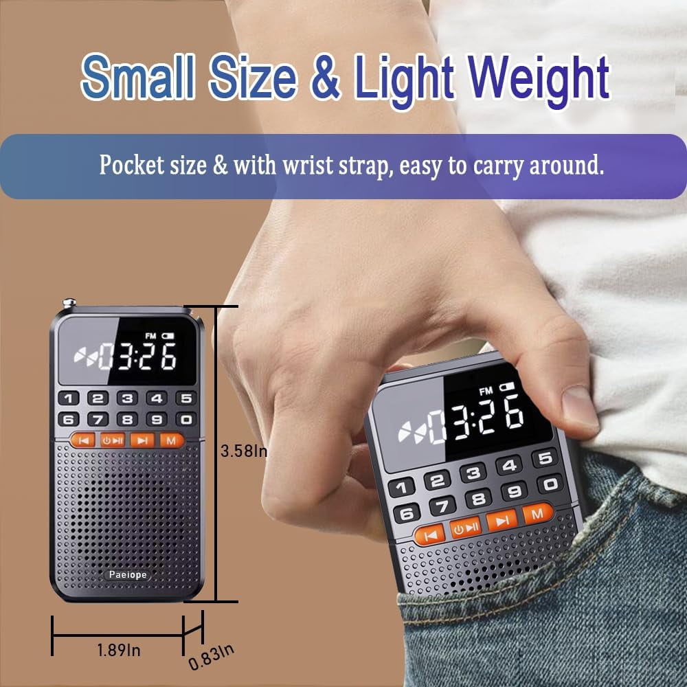 Portable FM Radio with Bluetooth and TF Card Socket, Rechargeable Pocket Radio with Best Reception,Auto Scan, LED Display, Emergency Flashlight for Outdoor Indoor (No AM)