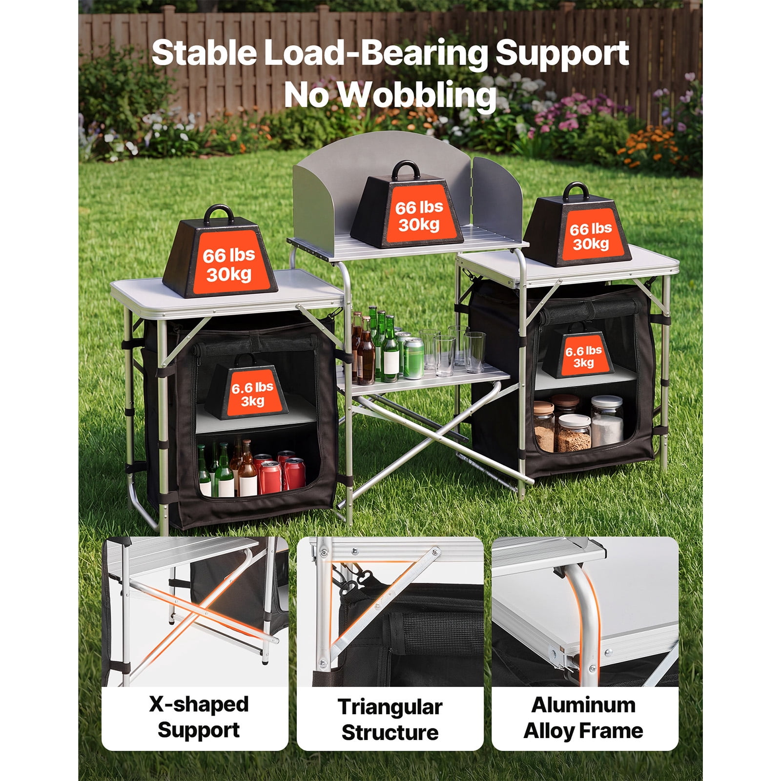 KFFKFF Folding Camping Table, Portable Aluminum Outdoor Table with Quick Setup, Storage Organizer, Detachable Windscreen, and Carry Bag, Perfect for Picnics, BBQs, and Travel