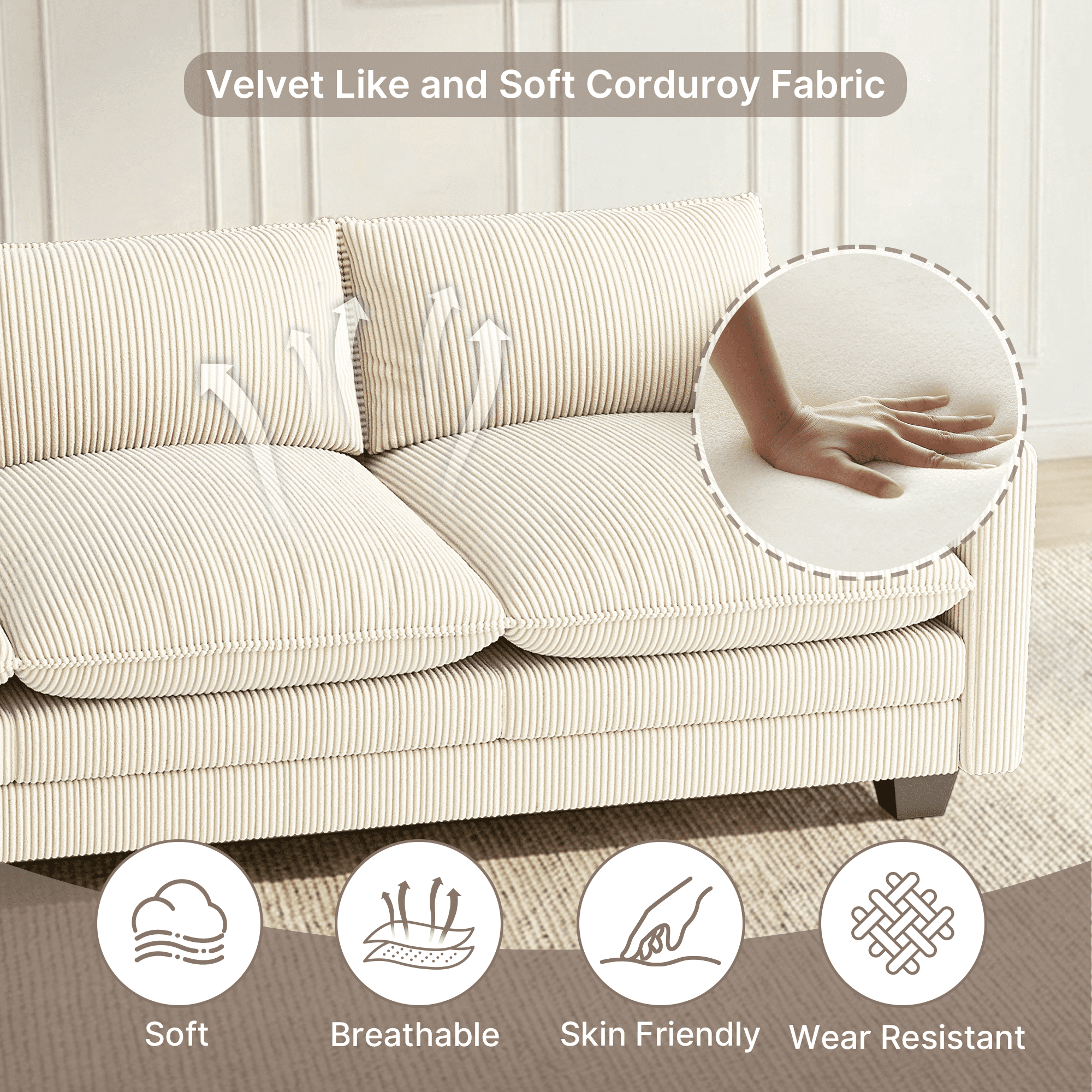 110" Cloud Couches for Living Room, Noelse 3 Seater Cloud Sofa with Double Layer Cushion and Deep Seat, Cream Couch with Washable Cover, Corduroy Fabric, Beige
