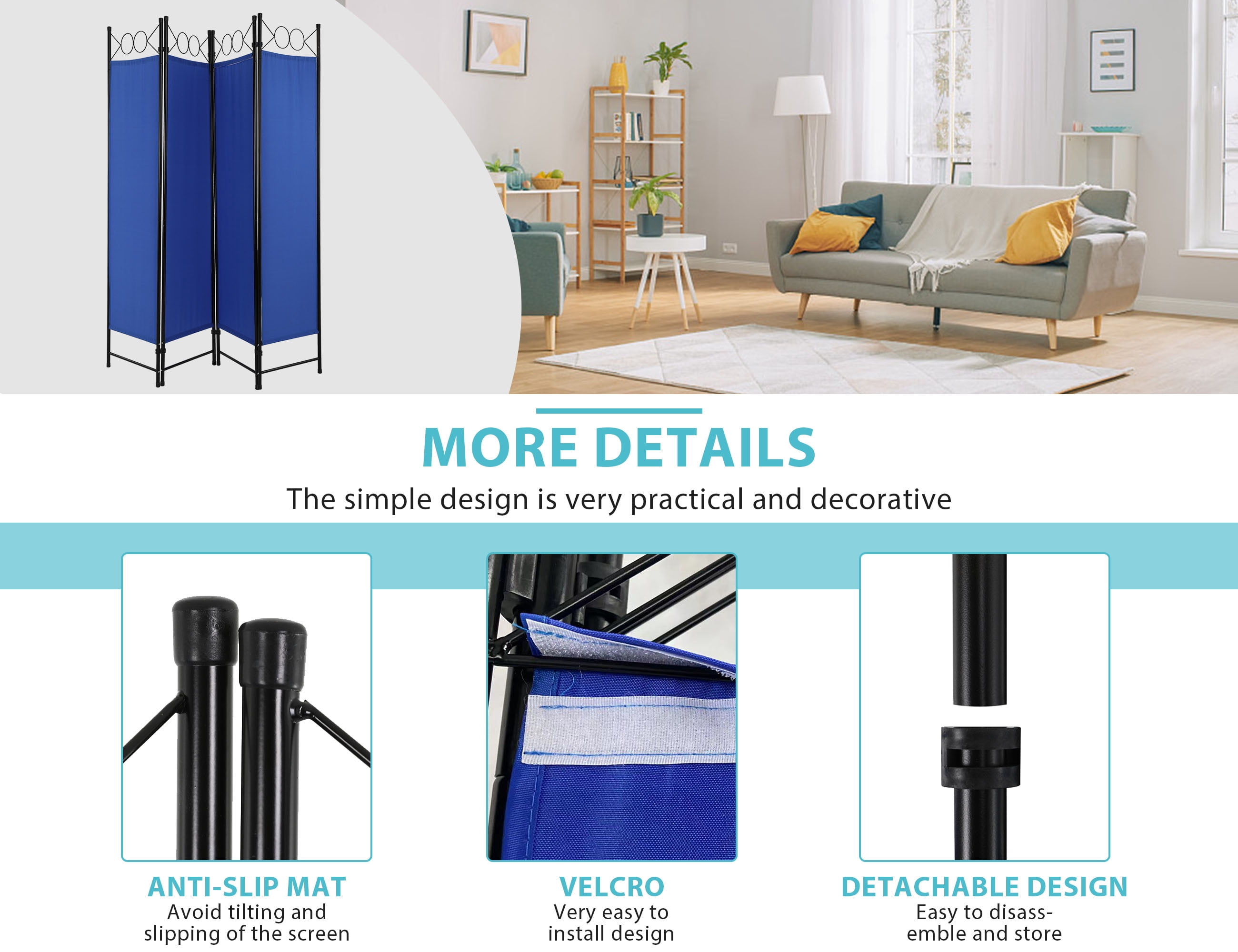 YRLLENSDAN Partition Room Dividers with 4 Panels, Steel Frame Folding Privacy Screen for Room 5.6Ft Portable Room Divider Screen Freestanding Fabric Room Divider