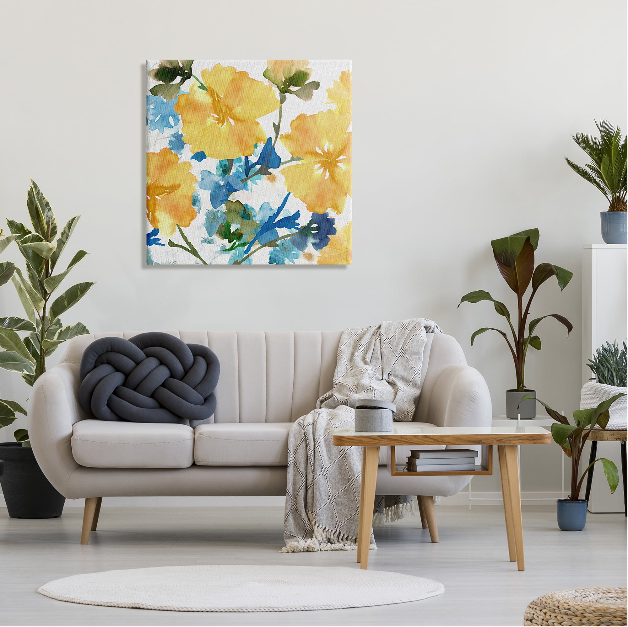 Stupell Industries Yellow & Blue Hibiscus Botanical & Floral Painting Gallery Wrapped Canvas Art Print Wall Art, 30 x 30