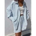thumbnail image 2 of Women'S Cotton Summer 2 Piece Sets Long Sleeve Button Down Shirts Short Sets Vacation Outfits Blue M, 2 of 9