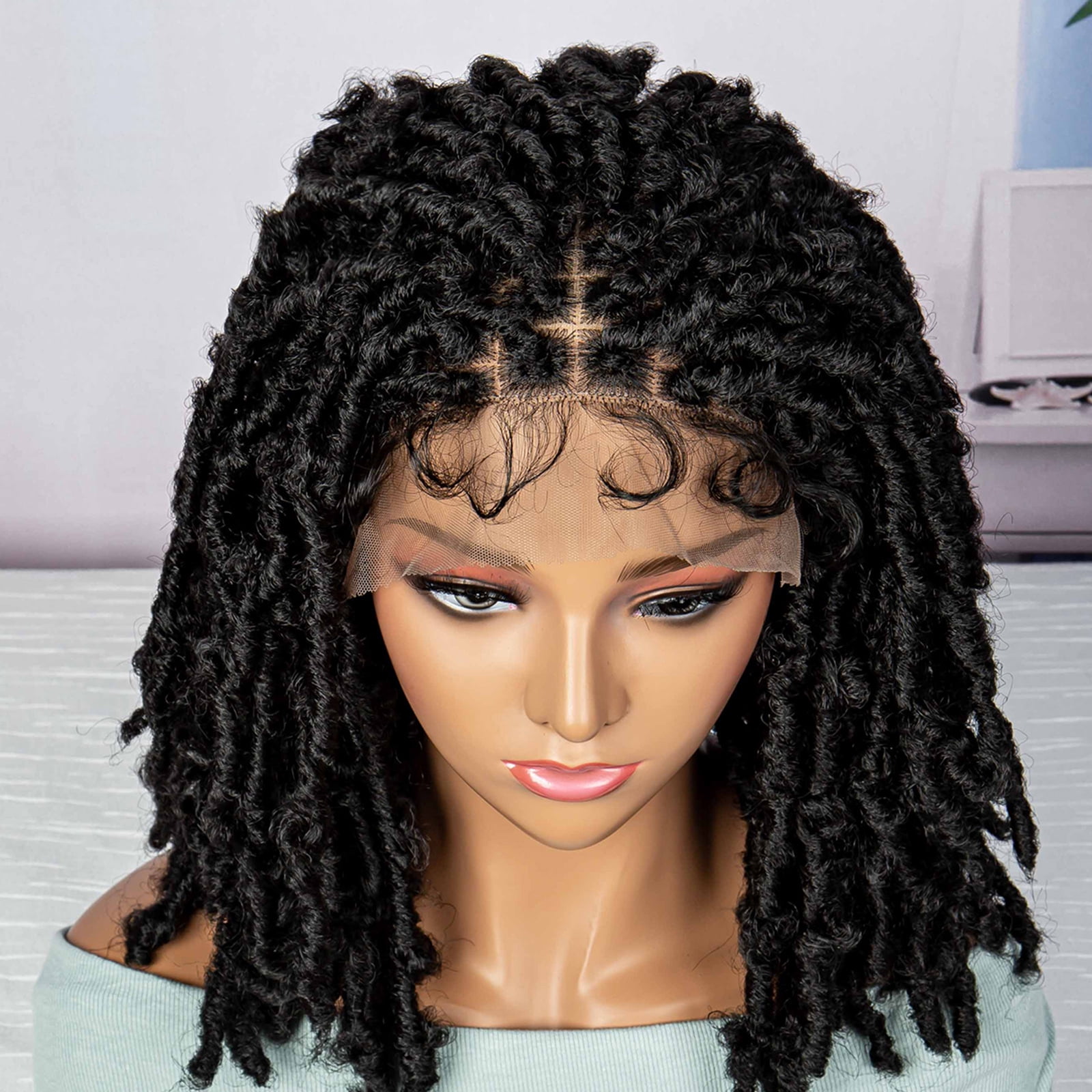 Synthetic Dreadlocks Knotless Braided Wigs Lace Frontal Wig for Black Women Short Bob 16 Inches Natural Black Locs Crochets Braiding Wigs