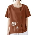 thumbnail image 4 of Lydiaunistar Women's Spring Tops Plus Size Casual Round-Neck Printed Short Sleeve Button-Up Blouse T-Shirt Polyester Lightweight for Summer Coffee, 4 of 6