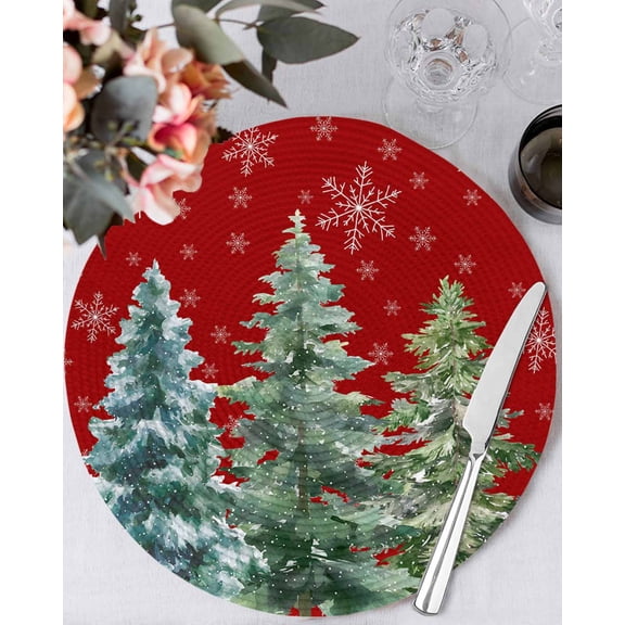 15 Inch Round Placemats Set of 6, Red Christmas Tree Non Slip Heat Insulation PP Table Mats, Xmas Trees Snowflake Winter Washable Place Mats for Kitchen Dining Party Table Decor
