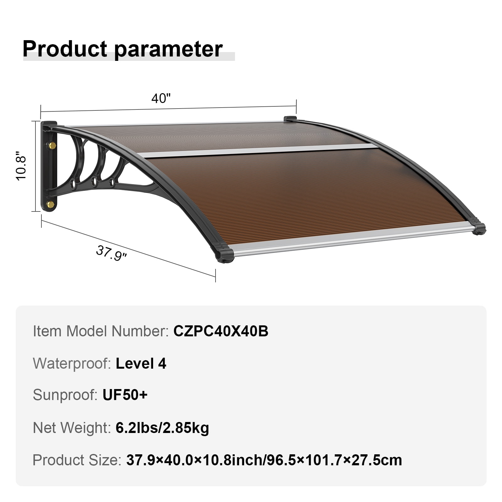 KFFKFF Window Door Awning Canopy 38" x 40" PC Sheet Brown UV Rain Cover, UPF 50+ Outdoor Patio Front Awning Canopy for Rain Snow Sunlight Protection (Brown)