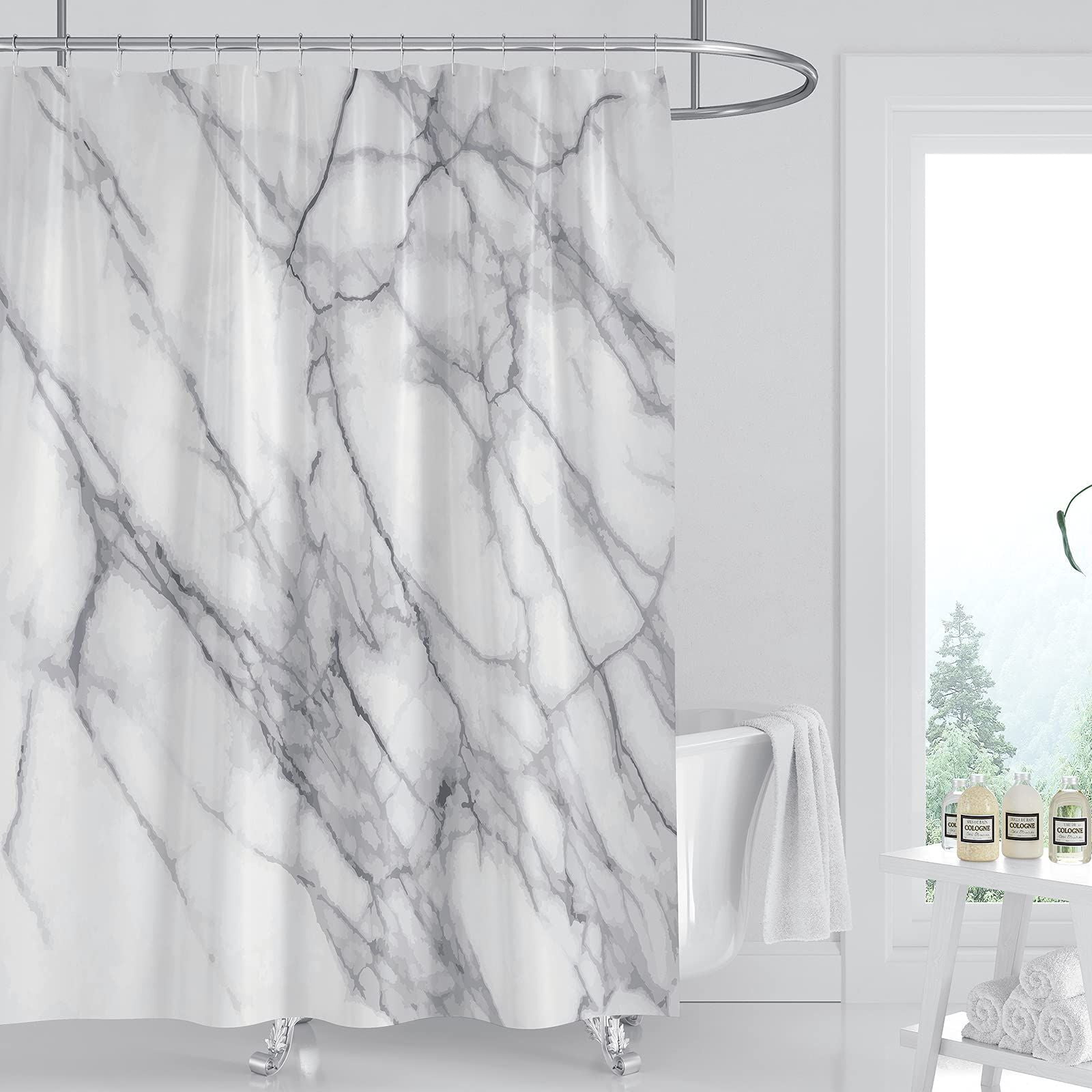 72/79" Grey & White Marble Waterproof Bathroom Decor Shower Curtain &Mat &12Hook 
